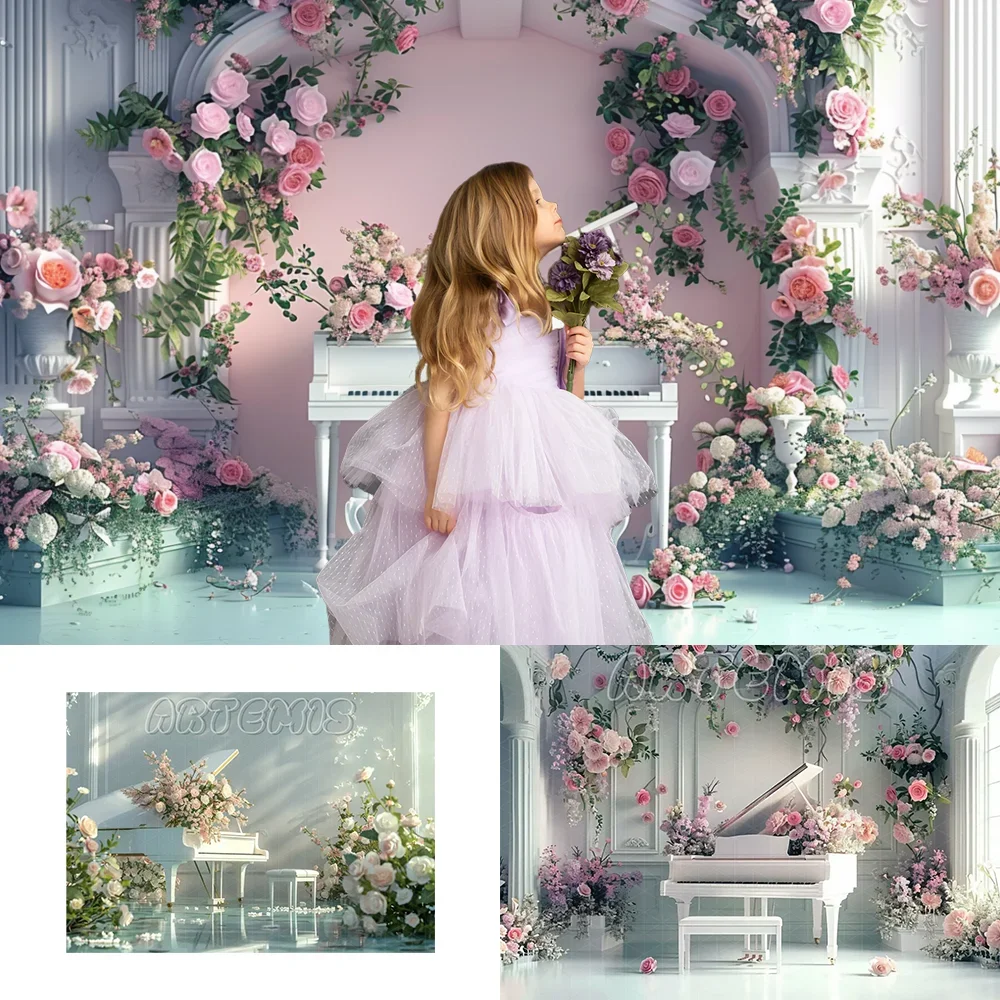 Spring Photography Backdrop Dreamy Flowers White Piano Nostalgic Nature Floral Baby Birthday Portrait Background Photo Studio