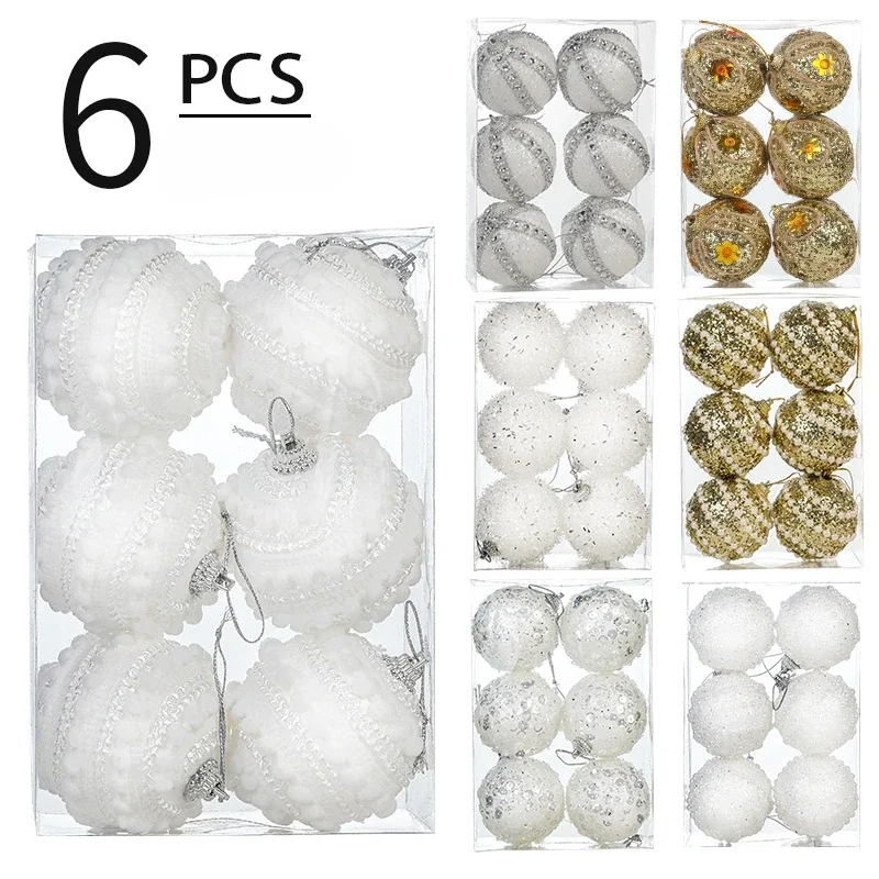 6pcs Christmas Tree Hanging Foam Balls Gold White Pearl Glitter Ornament Xmas Adorno Navidad New Year Noel Navidad Natal Decor