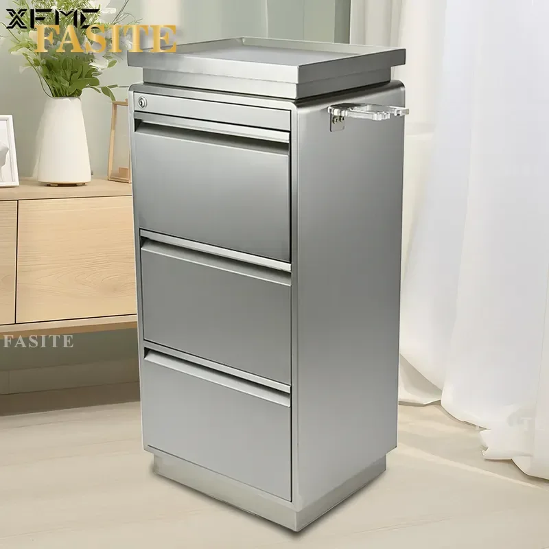 For Barber Shop Three Drawer Tool Cabinet Stainless Steel Hair Work Cabinet Hairstylist Locker with Lock Durable