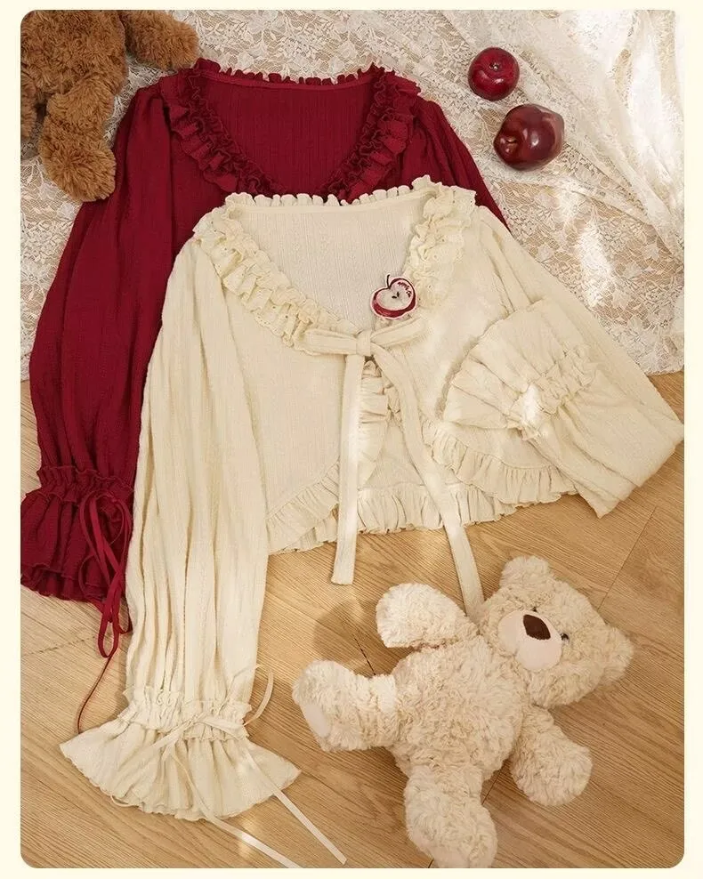 Japanese Lolita Knit Cardigan Women Kawaii Ruffles V Neck Crop Y2k Top Cute Bow Long Sleeve Knitted Coat Spring Casual Outerwear - view 6