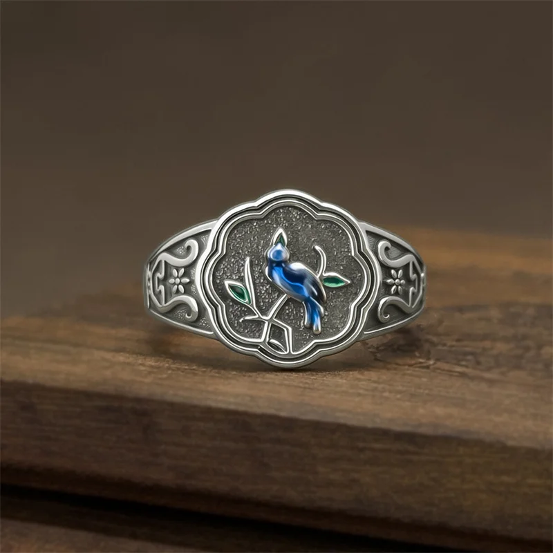 Ethnic Style Magpie Plum Blossom Ring For Lady Party Accessories Vintage Relief Flower Ring Women Jewelry Adjustable