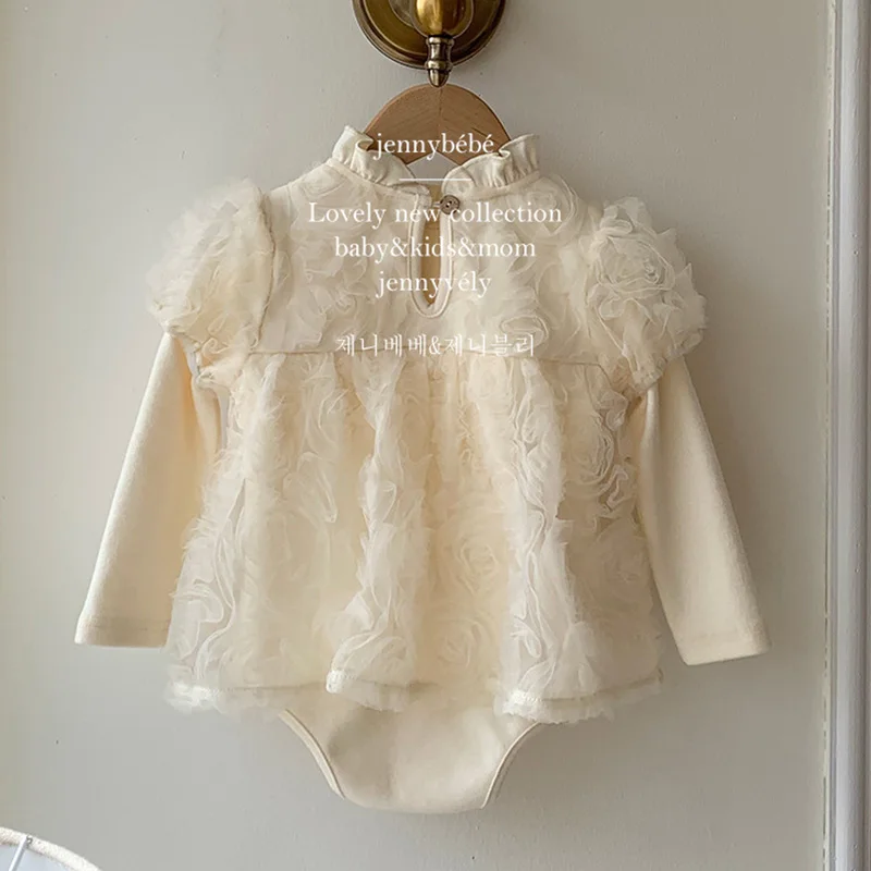 2024 New Spring Kids Princess Dresses Baby Girl Romper Long Sleeved Cotton Lace Splicing Baby Girl Party Dress Sister Dress