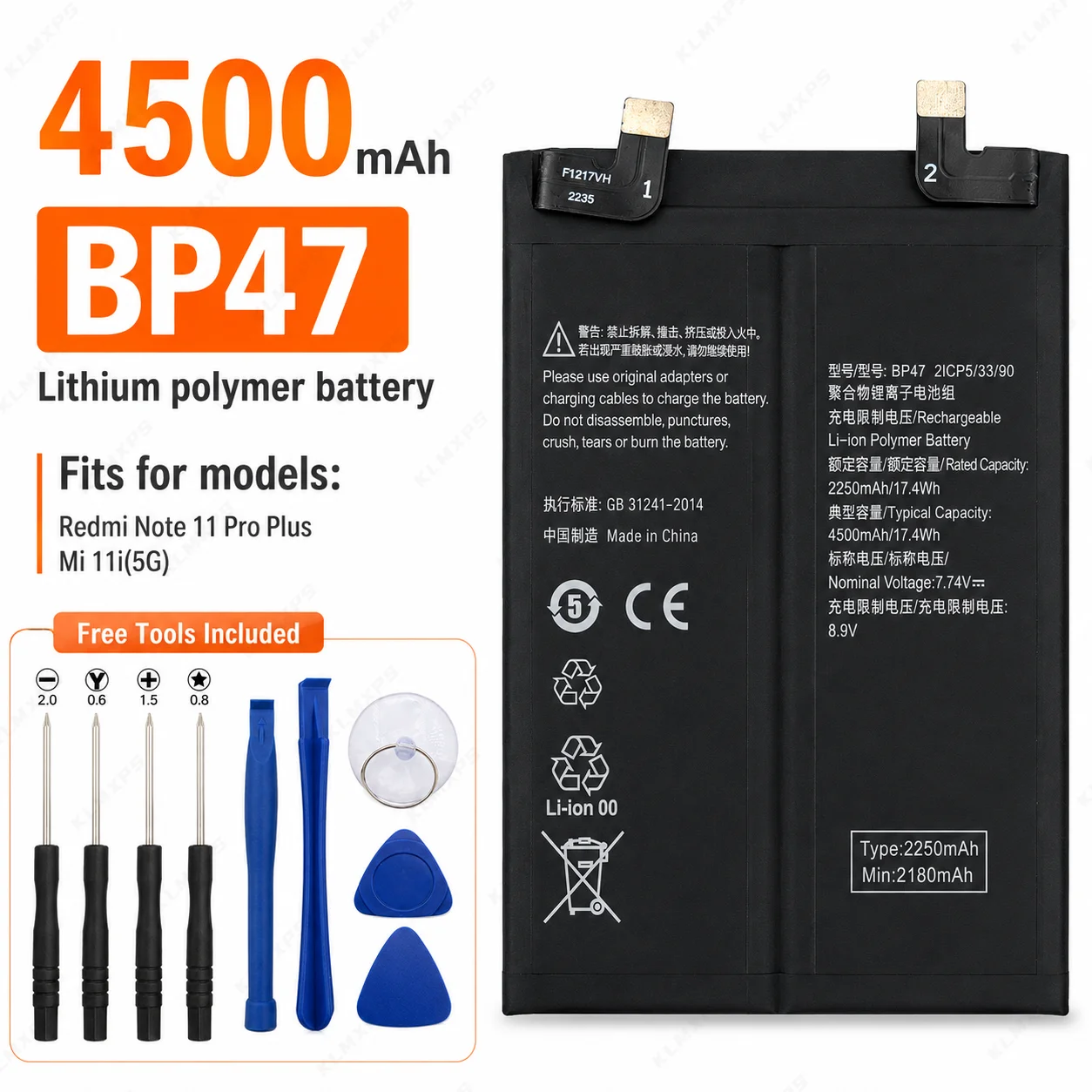 Replacement Battery for Xiaomi Mi Redmi Note 11 Pro Note11+ Note 11 Plus BP47 4500mAh Phone Battery with Tools