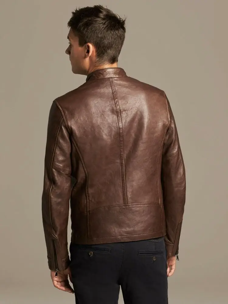 Men 100% New Pure Premium Brown Smooth Leather Young Style Biker Jacket