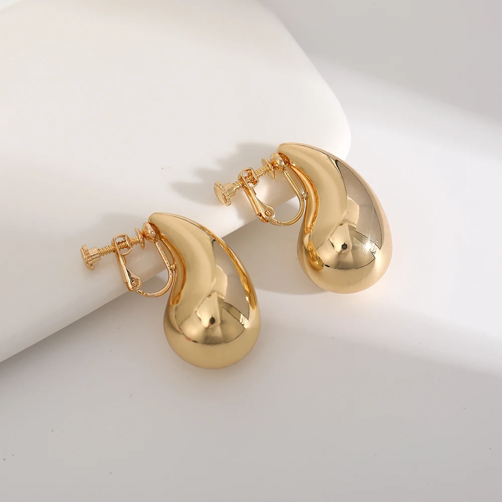 Vintage Chunky Dome Drop Clip on Earrings for Women Golden Glossy Colorful Teardrop Non Pierced Earrings 2023 Trendy Jewelry