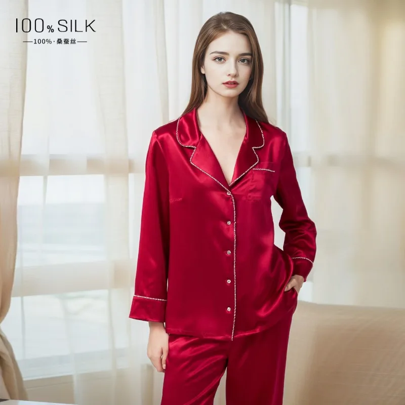 

High-End Women's 100% Silk Pajamas Set for Autumn Winter Luxurious 22 Momme Heavy Silk Loungewear Suitable for Outdoor Wear
