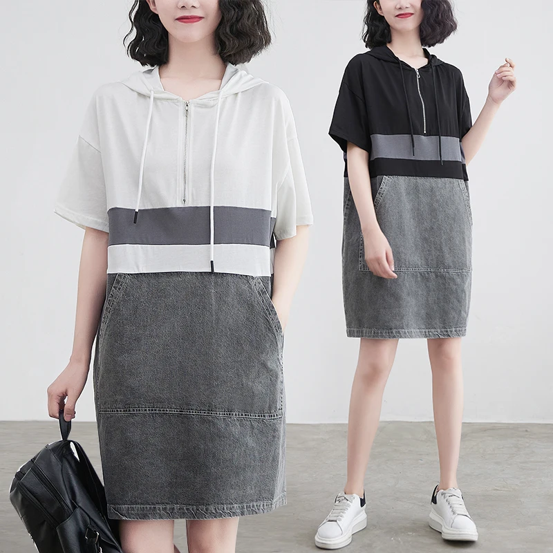 

plus Size Women's Summer Knitted Denim Patchwork Slimming Faion Age-Defng Dr Cotton Commute Sle Zipper Closure Midi ...
