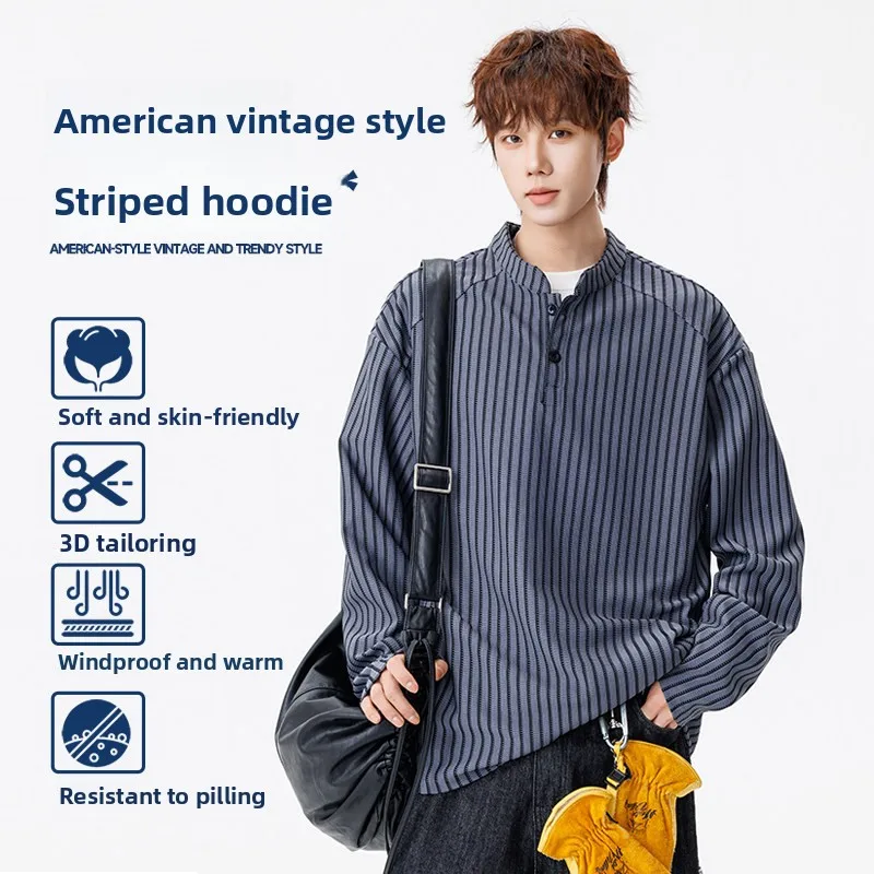 

Retro American Striped Henry Collar Men's Sweatirt Casual Loose Long Sve Overhead Base irt Spring Faion Top