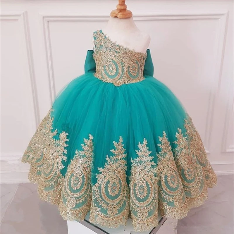 

Turquoise Flower Girl Dresses Tulle With Gold Lace Appliques One Shoulder For Wedding Birthday Party Holy Communion Gowns