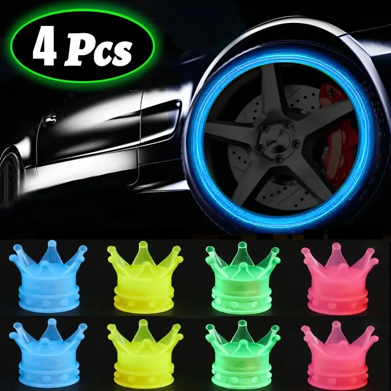 2/4Pcs Luminous Crown Car Tire Valve Caps Night Glowing Motorcycle Bicycle Wheel Tyre Hub Valve Stem Caps Decor Dust-proof Cover