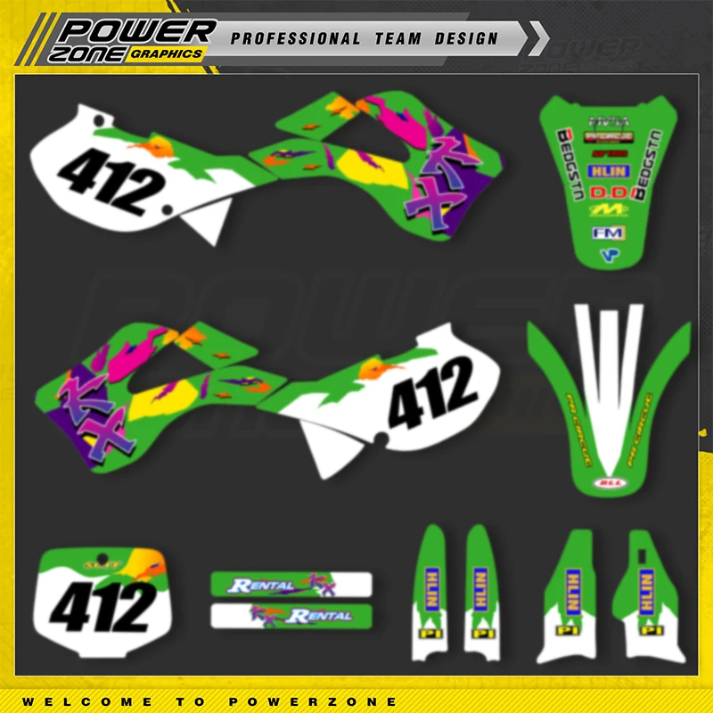 PowerZone Custom Team Adhesive Decals Vinyl Sticker Kit For Kawasaki KX250 125 1999 2000 2001 2002 KX1250 KX250 Motorcycle 02