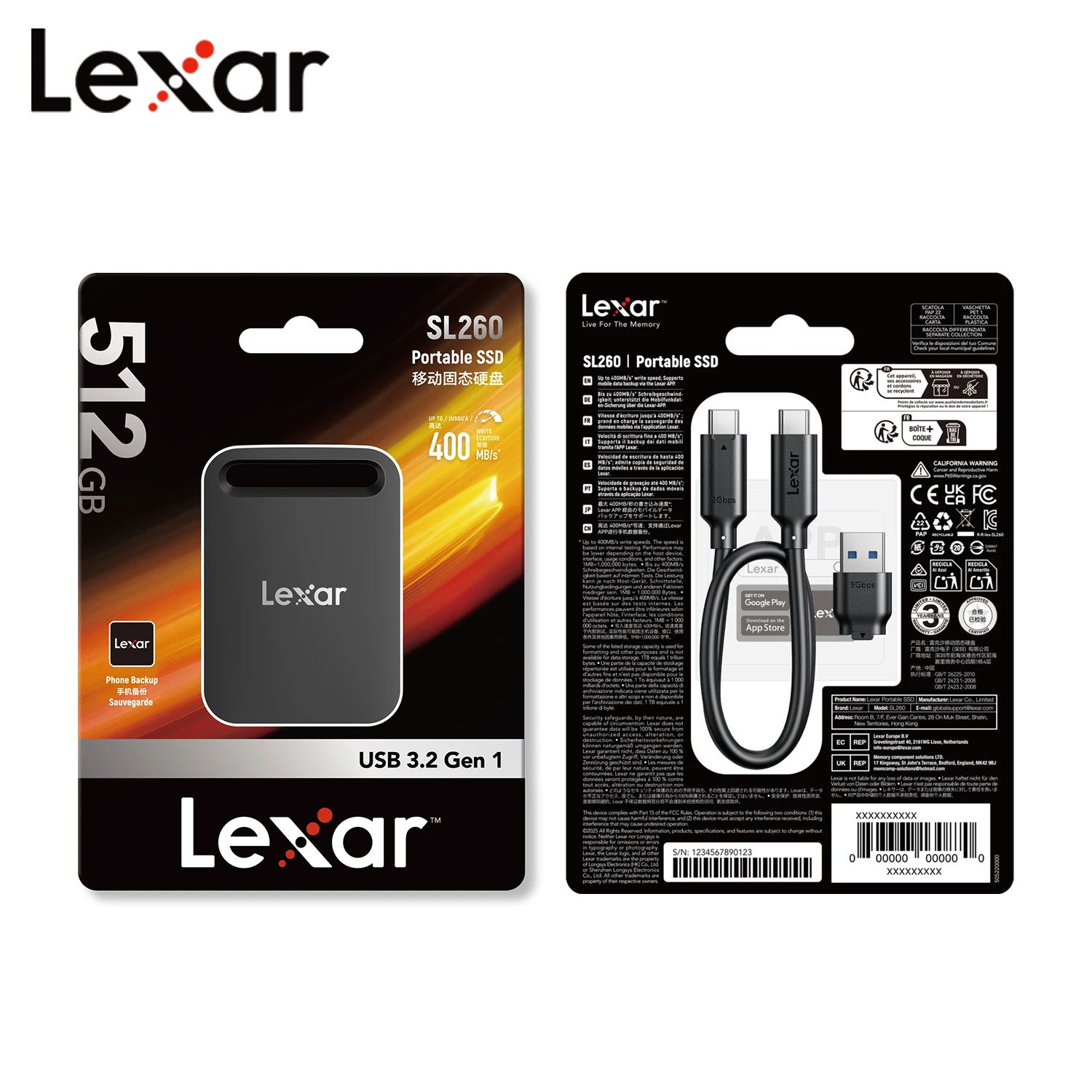 Lexar Portable Solid State Drive SL260X USB3.2 Type-C PSSD 512GB 1TB External Hard Drive Max 390Mb/s Read 400Mb/s Write SSD Disk view 5