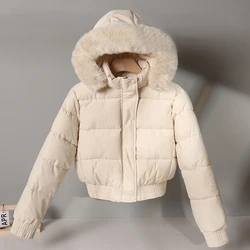 New Winter Warm Hooded Down Cotton Jacket Women Thickened Fleece Lining Big Fur Collar Long Sleeve Short Parkas Jacket Coat