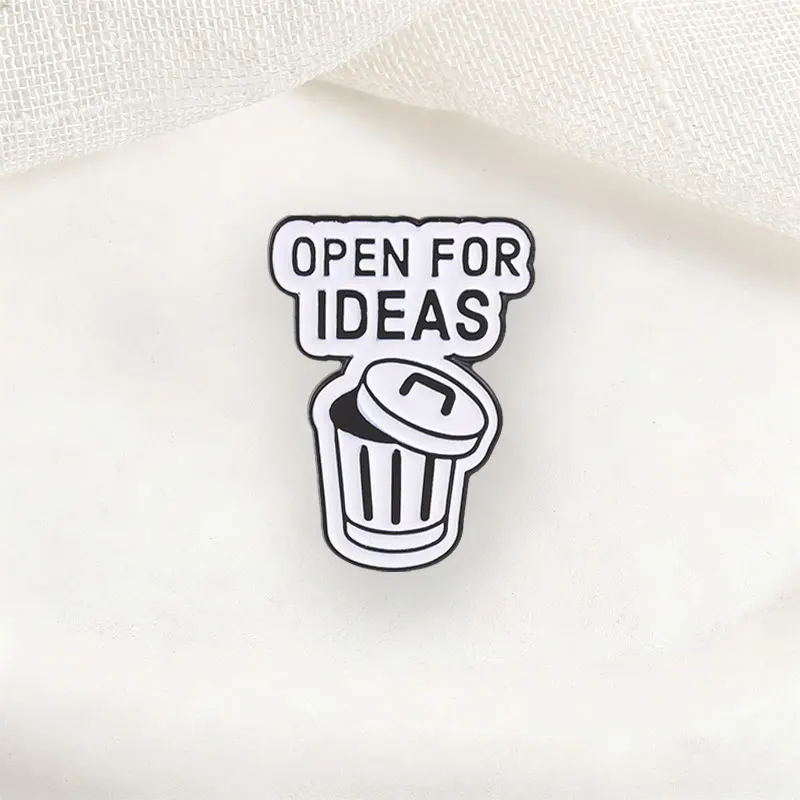 Open For Ideas Trash Can Enamel Pins Black White Creative Humor Metal Brooches Fashion Lapel Badge Backpack Clothes Jewelry Gift