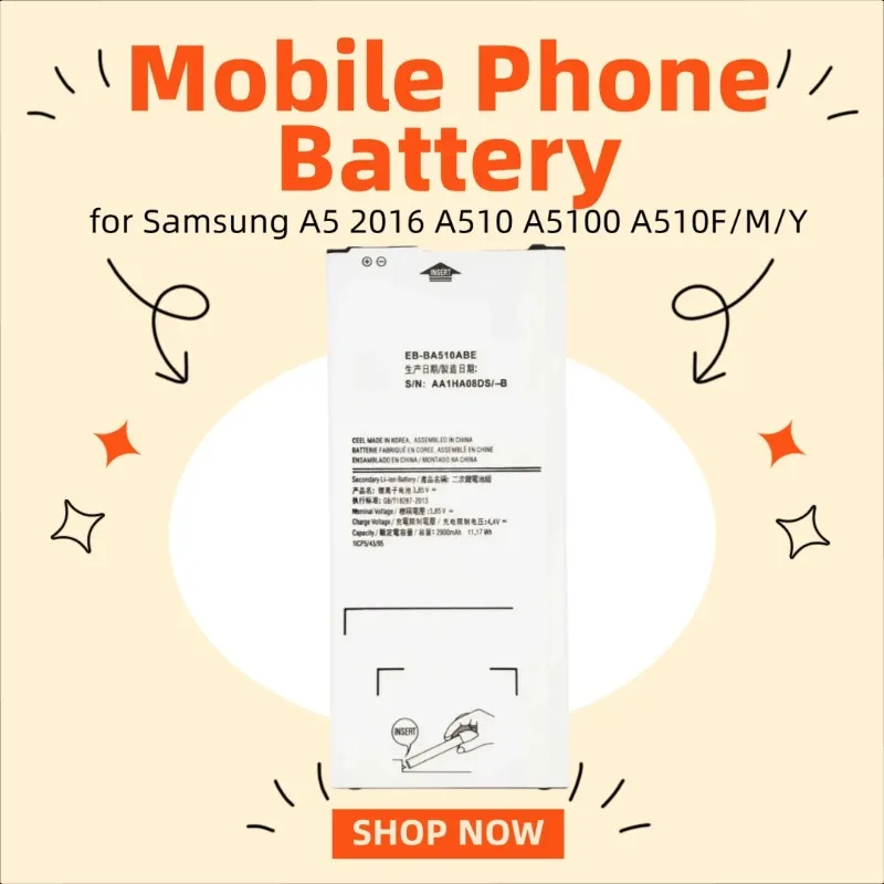 

EB-BA510ABE 3.85V 2900mAH Mobile Phone Battery for Samsung A5 2016 A510 A5100 A510F/M/Y