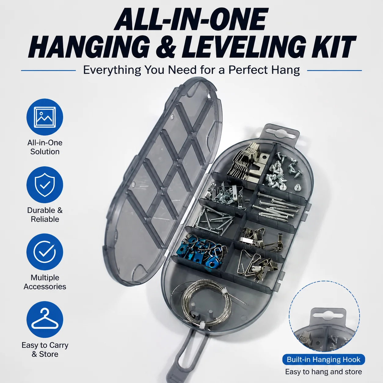 All-in-One Picture Hanging Kit Picture Leveling and Hanging Tool Sawtooth/Wire Hangers Hardware Case with 85-Piece Essentials
