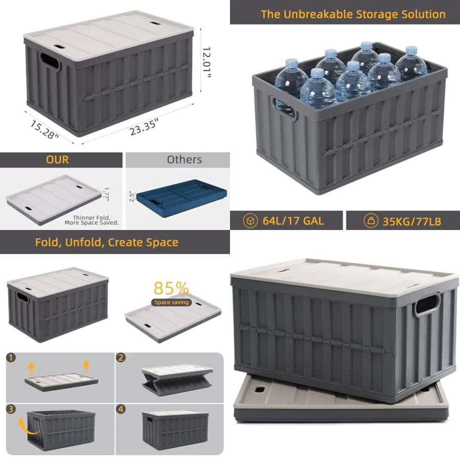 

64L Collapsible Storage Bins with Lids Plastic Storage Containers for Organizing Stackable Storage Box Large Heavy Duty Utility