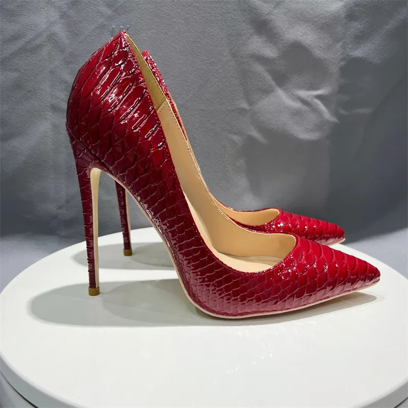 Tikicup New 12cm 10cm Thin Heeled Sexy Women Red Crocodile Effect Pointy Toe Party Wedding Shoes Snakeskin Stiletto Pumps