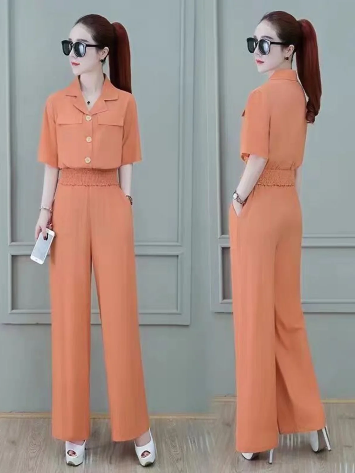 

Fashionable Summer 2026 Thin Short Sleeve Top And Wide Leg Pants Two Piece Set Professional Casual Sportswear Women's Ensemble