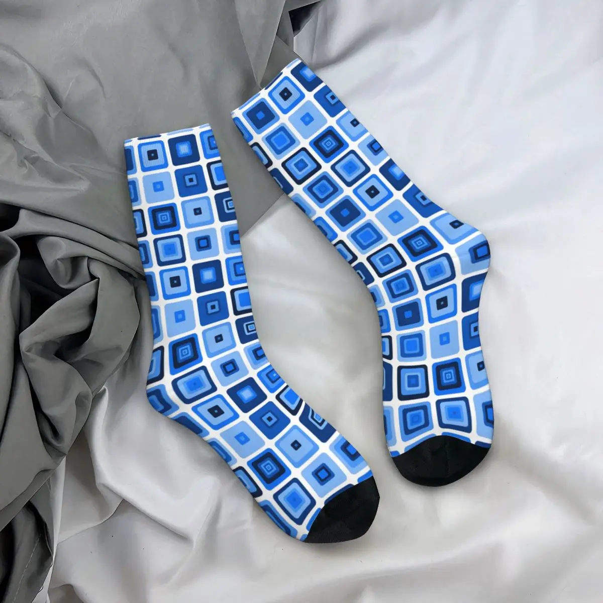 Calzini a compressione da uomo con motivo a quadrati blu astratti retrò Unisex Street Style senza cuciture stampato novità Crew Sock