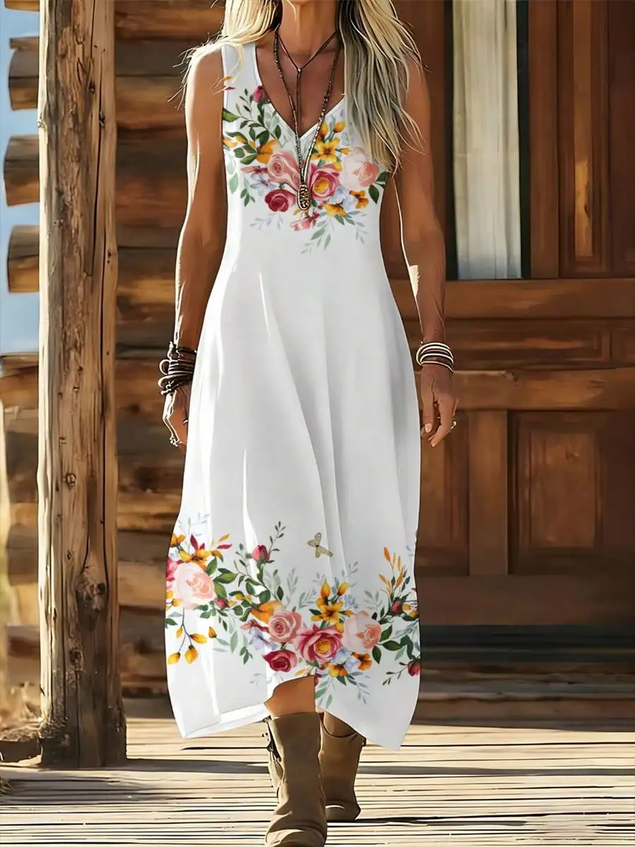 

Floral Print V-Neck Sleeveless Loose Maxi Dress For Women Summer Beach Casual