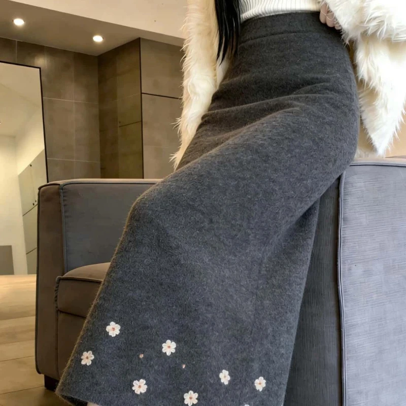 Women High Waist Floral Embroidery Knit Skirt Loose A Line Midi Skirt Casual  Long Skirt