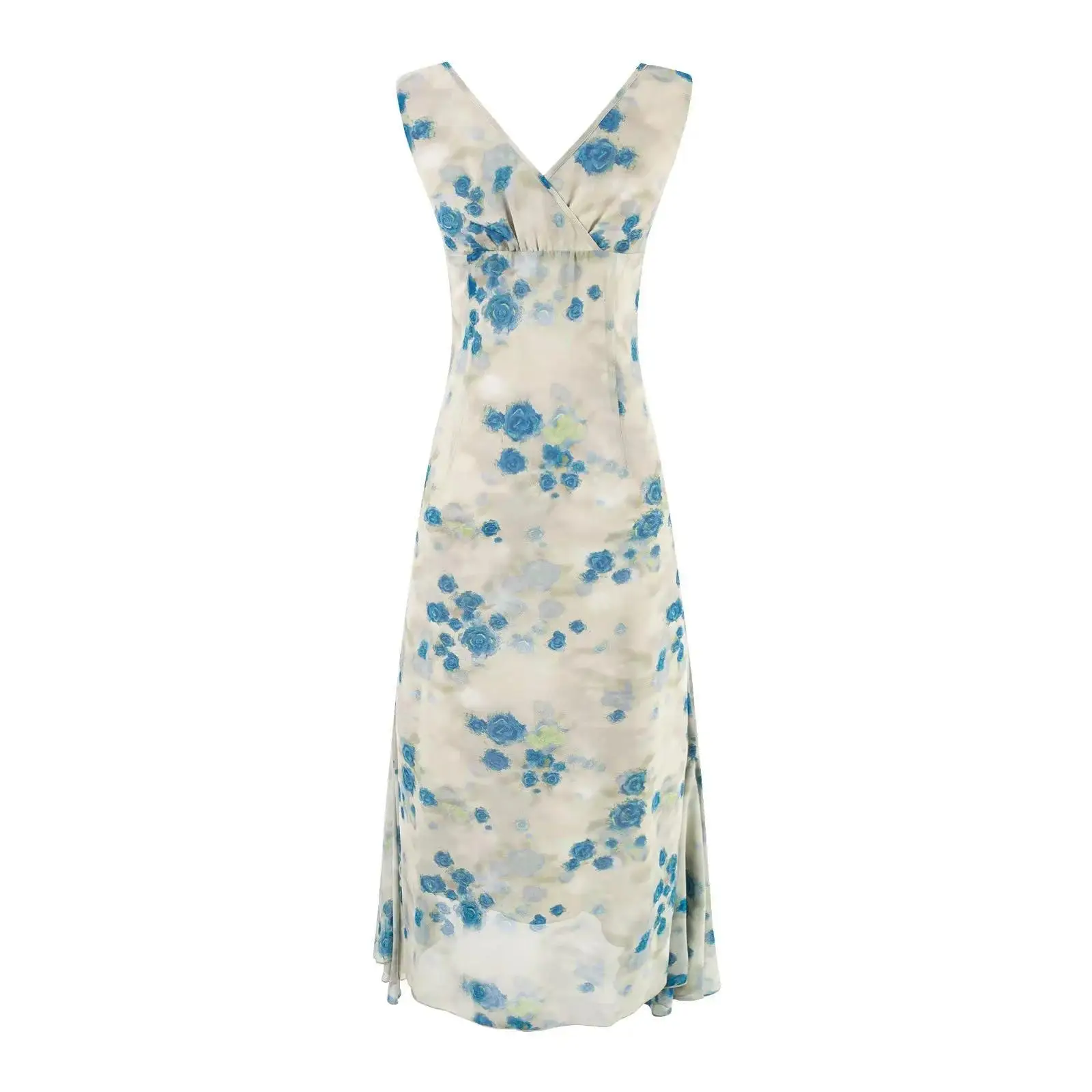 Summer Ruffles V-neck Chiffon Dress Women Sleeveless Elegant Slim Midi Dresses