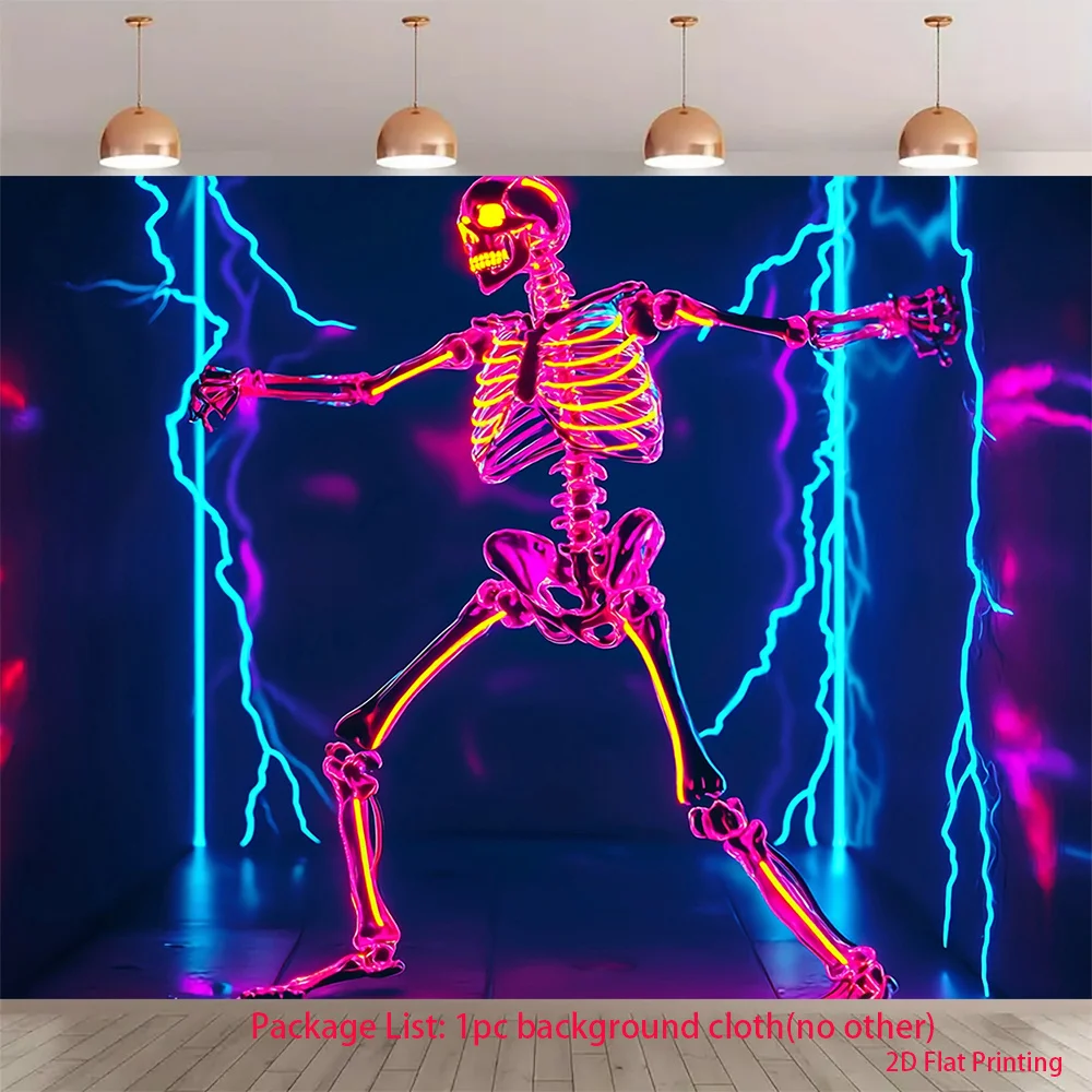 Neon Skeleton Tapestry, Cyberpunk  Bones Lightning Wall Hanging for Gamer Room Party Decor, Cool Gothic Art Gift