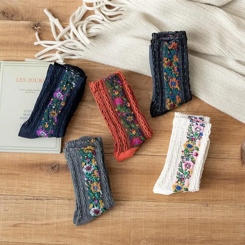 Women Nordic Stripe Flower Socks Cold Winter Warm Thermal Socks 5pairs/set Extra Thick Boot Socks For Extreme Cold Weather