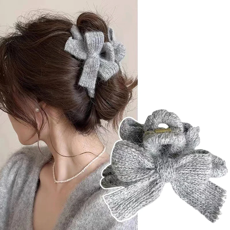 1PC Knitted Bow Hair Claw Clip High Quality Handmade Weave Plush Hair Crabs Shark Clips Autumn Winter Hair Accessories