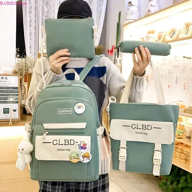 

C9GB 4Pcs Harajuku Women Laptop Backpack Nylon School Bags for Teenage Girls College Student School Bag Rucksack