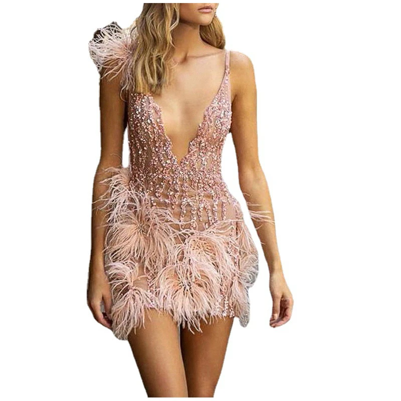 Sexy Feather Trim ort V-ne Dr 2024 New Women's Faion Bodycon Dr Ele Princ Sle Summer Season Polyester Fiber