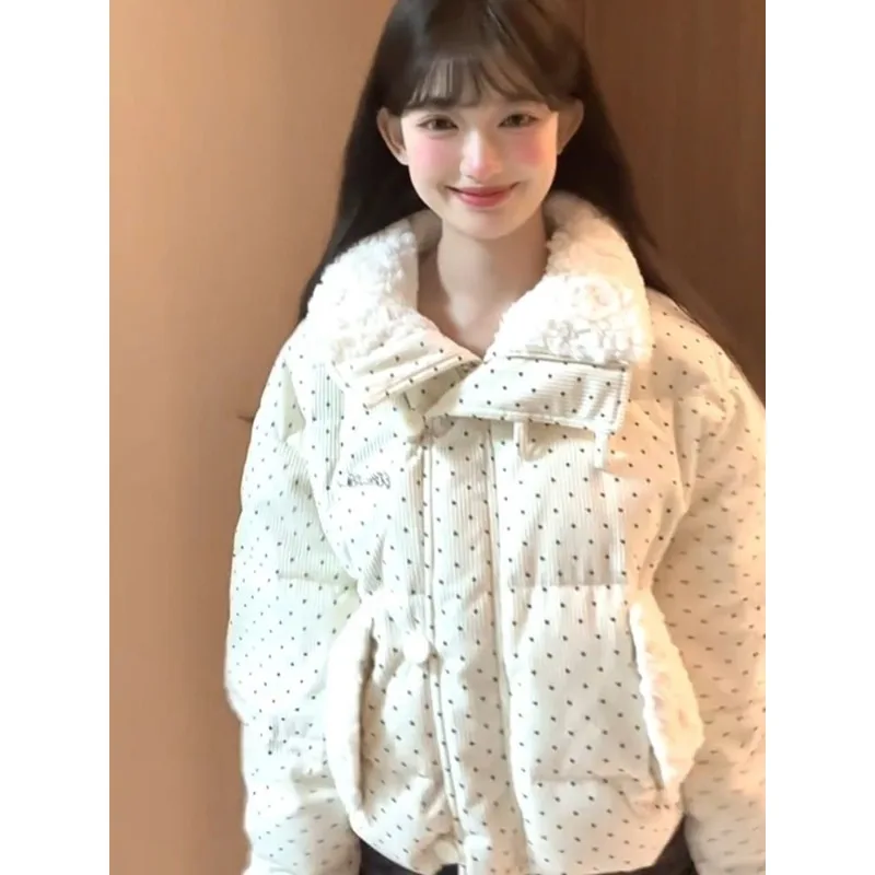 Women's Models Fall Winter Coat Blouse Zipper Buttons Hair Collar Polka Dot Sweet Cute Loose Warm Fashion Design Sense New Soft