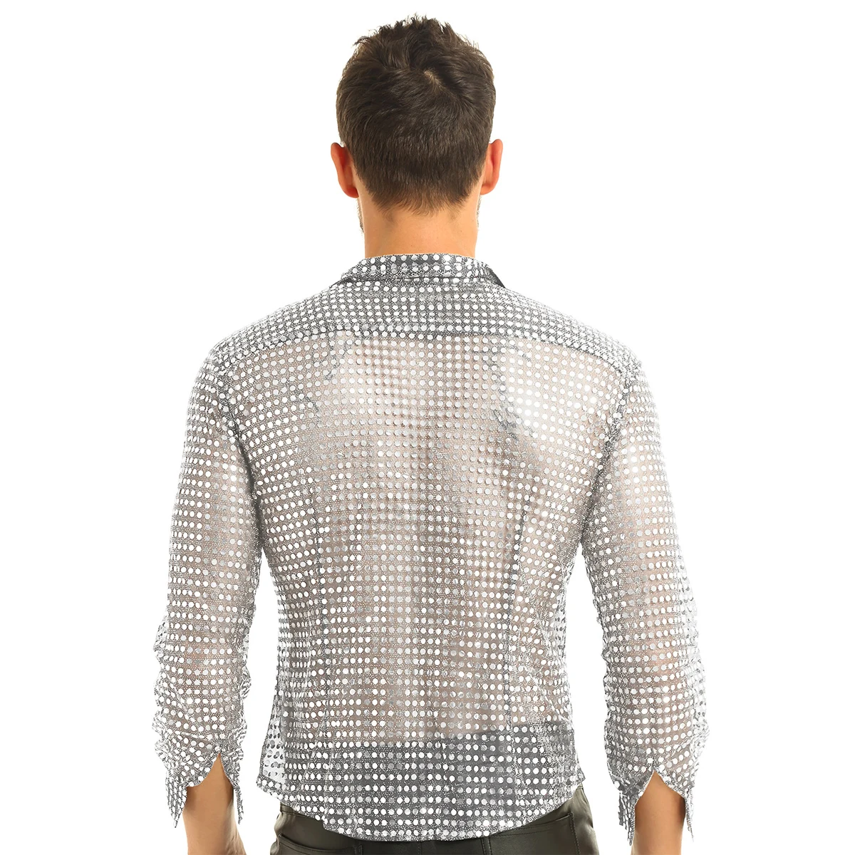 Mens Shiny Sequin Mesh See Through Long Sleeve Shirts Button Down Party Outfit Rave Clubwear Dance Performance Top Shirt