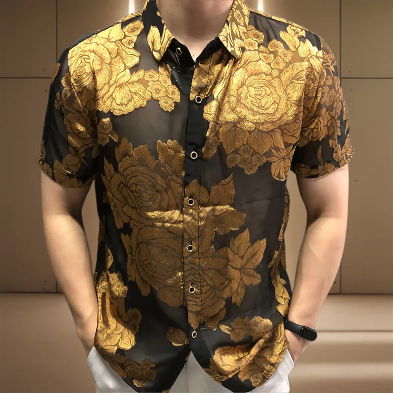 

Floral Print Shirt Embroidery Men Shirt See Through Mesh Shirt Club Party Prom Chemise 2025 Homme 4xl Sexy Lace Shirt For Male