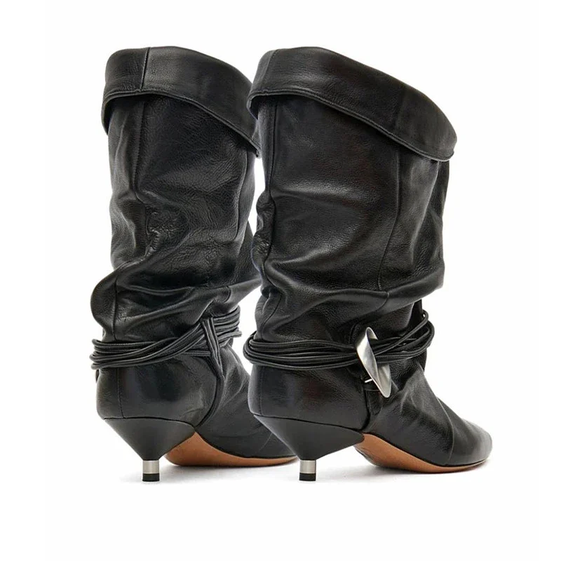 Autumn and Winter New Women's Thin Heel Short Boots Fashion Pointed Wide Tube Low Heel Wrinkled Women's 34-44 Large Ankle Boots