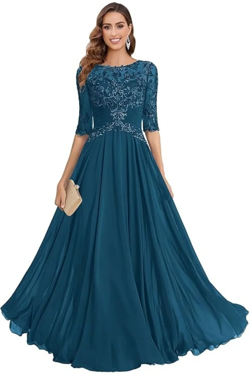 Abito per la madre della sposa girocollo in pizzo con maniche A Line Abiti lunghi per invitati a un matrimonio in chiffon con applicazioni