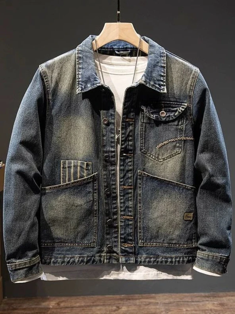 

Large Pockets Cargo Denim Jacket for Men Spring Autumn Retro American Utility Jacket Trendy Casual Denim Jeans Coat