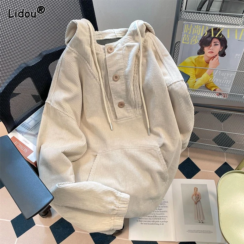 

2023 New Autumn and Winter Fashion Lazy Loose Casual Super Oversized Shoulder Slim Hooded Tie Up Button Kangaroo Bag Sweater