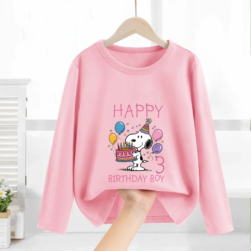 سنوبي الأطفال تي شيرت حفلة عيد ميلاد جولة الرقبة طويلة الأكمام الخريف أزياء الكرتون أنيمي قميص مطبوع الأطفال هدية عيد ميلاد #6