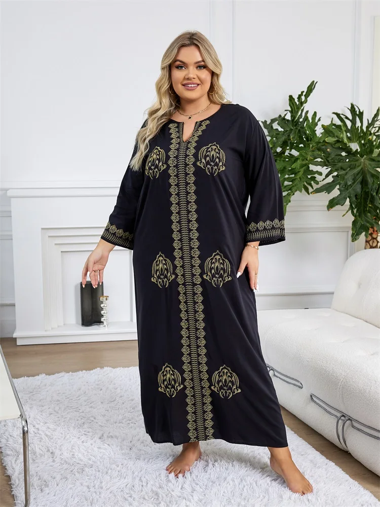 Embroidery Plus Size Long Sleeve Kaftan Beach Dress Bathing Suit Cover Up 2024 Women Summer Beachwear Moo Moo Dress Q1603