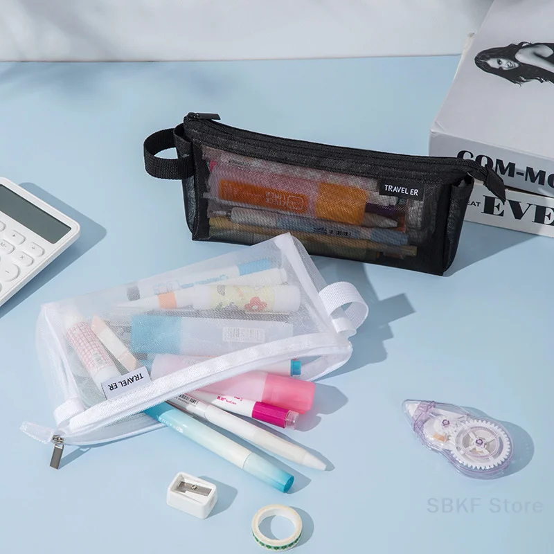 Estojo de lápis de malha transparente kawaii bonito simples bonito saco organizador escritório estudante papelaria material escolar