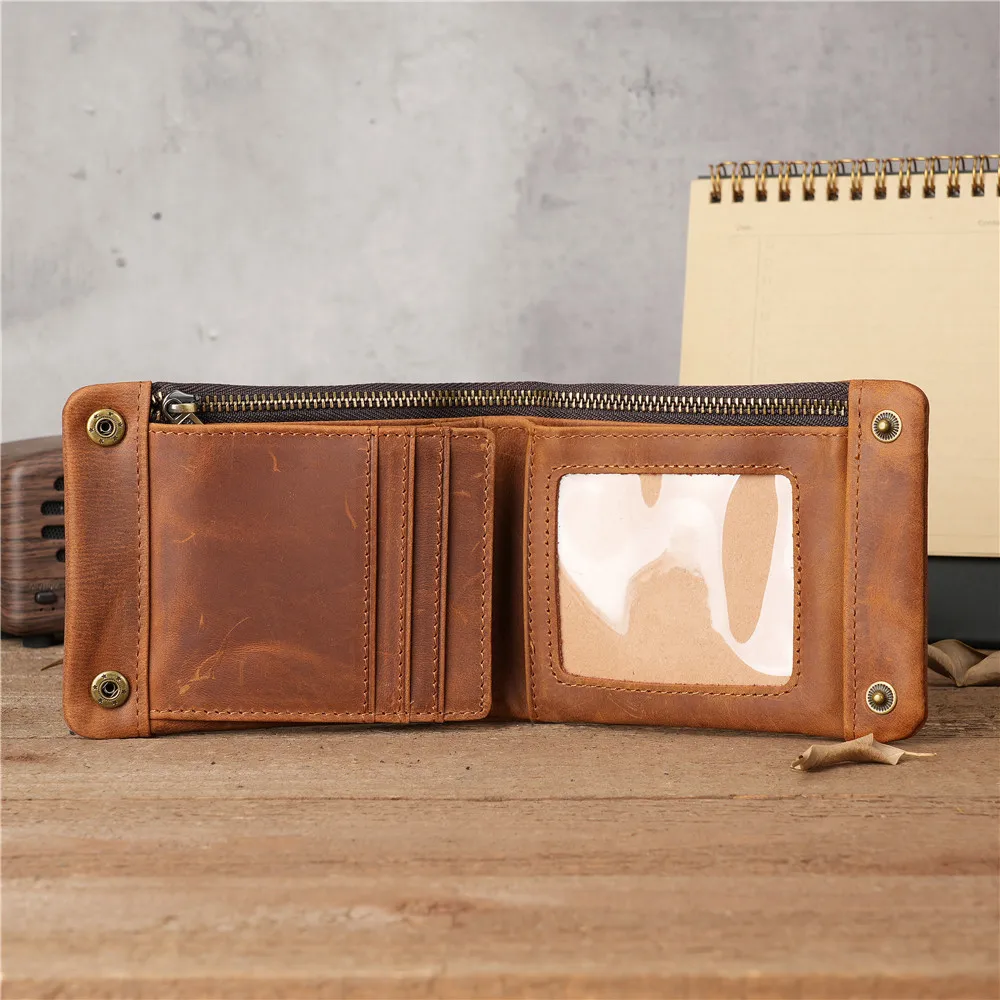 1147 Unisex Crazy Horse Leather Retro Wallet Horizontal Zipper Wallet Cowhide Simple Casual Real Pickup Clip