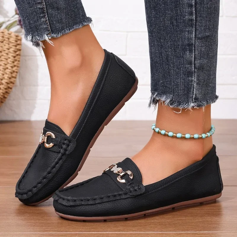 Women\'s Shoes 2024 New Basic Women\'s Flats Fashion Bean Flats Women Metal Decoration Round Toe Slip on Soft Bottom Shoes Female