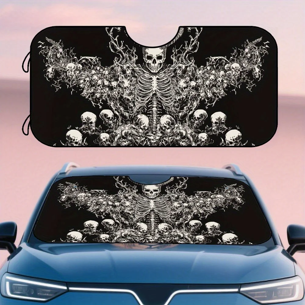

1pc, Vehicle Sunshade For Front Window, Featuring A Grim Skull And Crossbones Design, To Set Up, Heat-Resistant, Fits Most Cars,