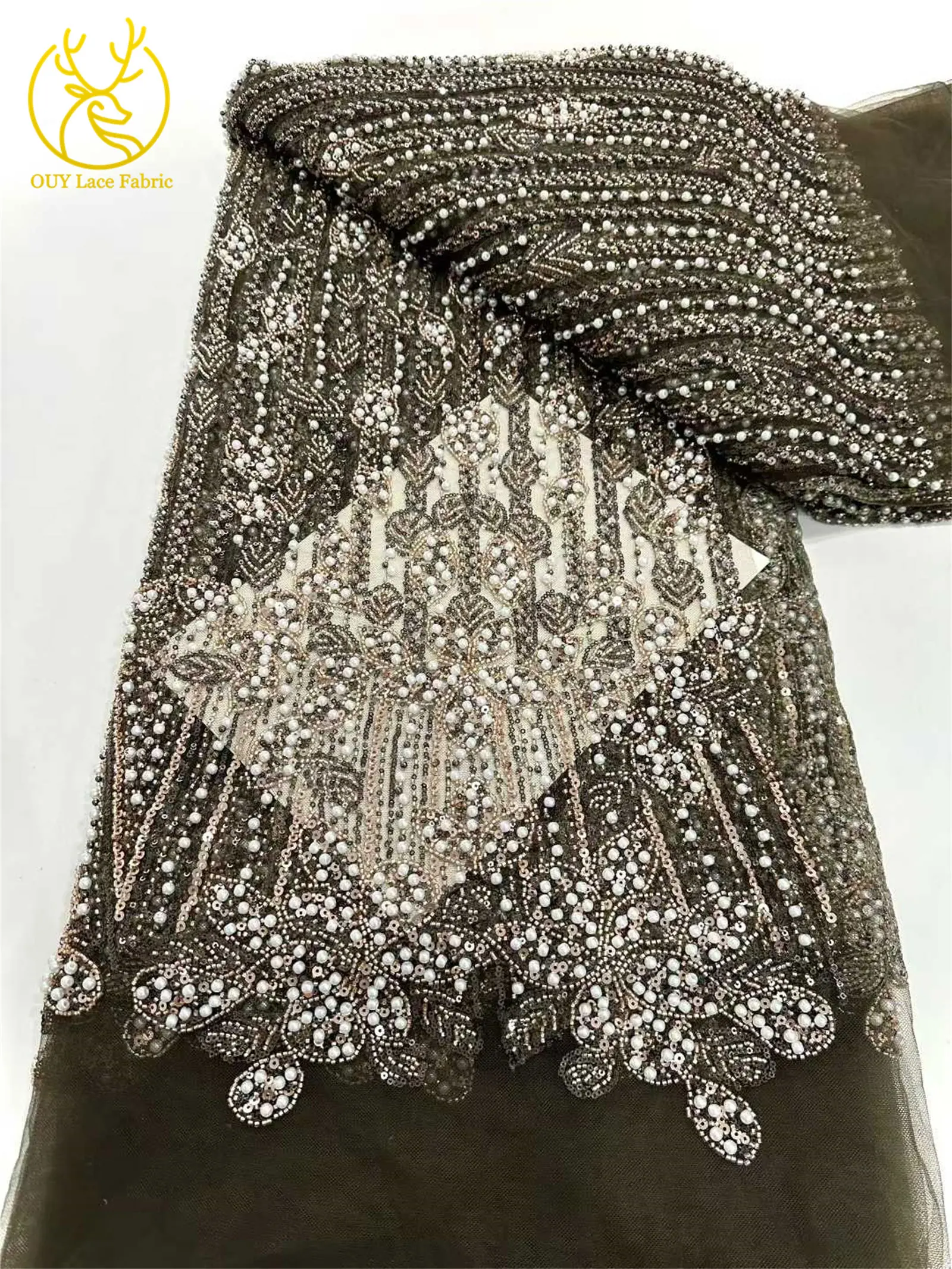 2025 European Luxury Fashion Design Beaded Lace Fabric 2025 African Sequins Embroidery Mesh Lace For Women's Wedding Dresses