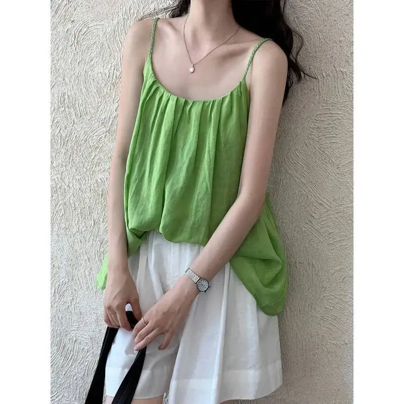 

Women Pleated Linen Camisole Summer Korean Sleeveless Loose Strap Solid Color Tops