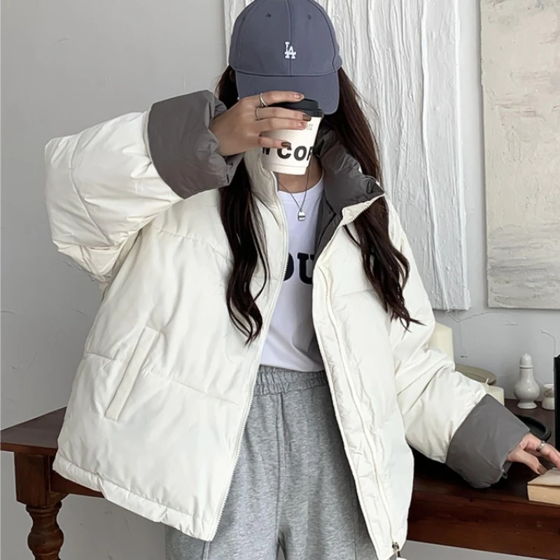 

Short Parkas Women Fashion Loose Thickened Korean Style Zipper Solid Color Stand Collar Office Lady Down Cotton Jackets Female