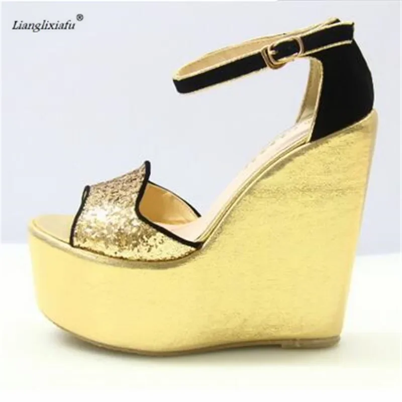 LLXF Small Yards:30 31 32 Summer Wedges Sandals Plus:42 43 Stiletto 15cm High-Heeled Platform Buckle Shoes Women Wedding Pumps