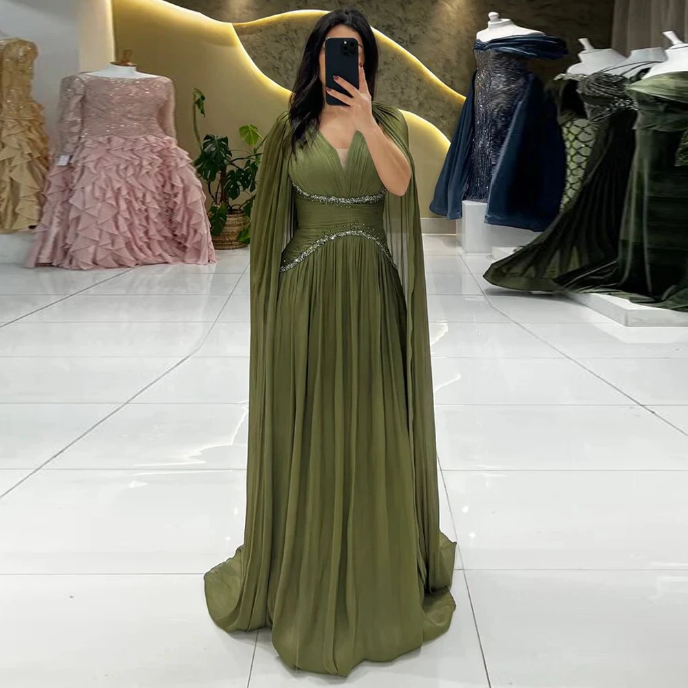 

Customized Green Crepe Evening Dress with Cap Sleeve V Neck Pleated Wedding Guest Dresses Bead A Line Formal vestidos de noche